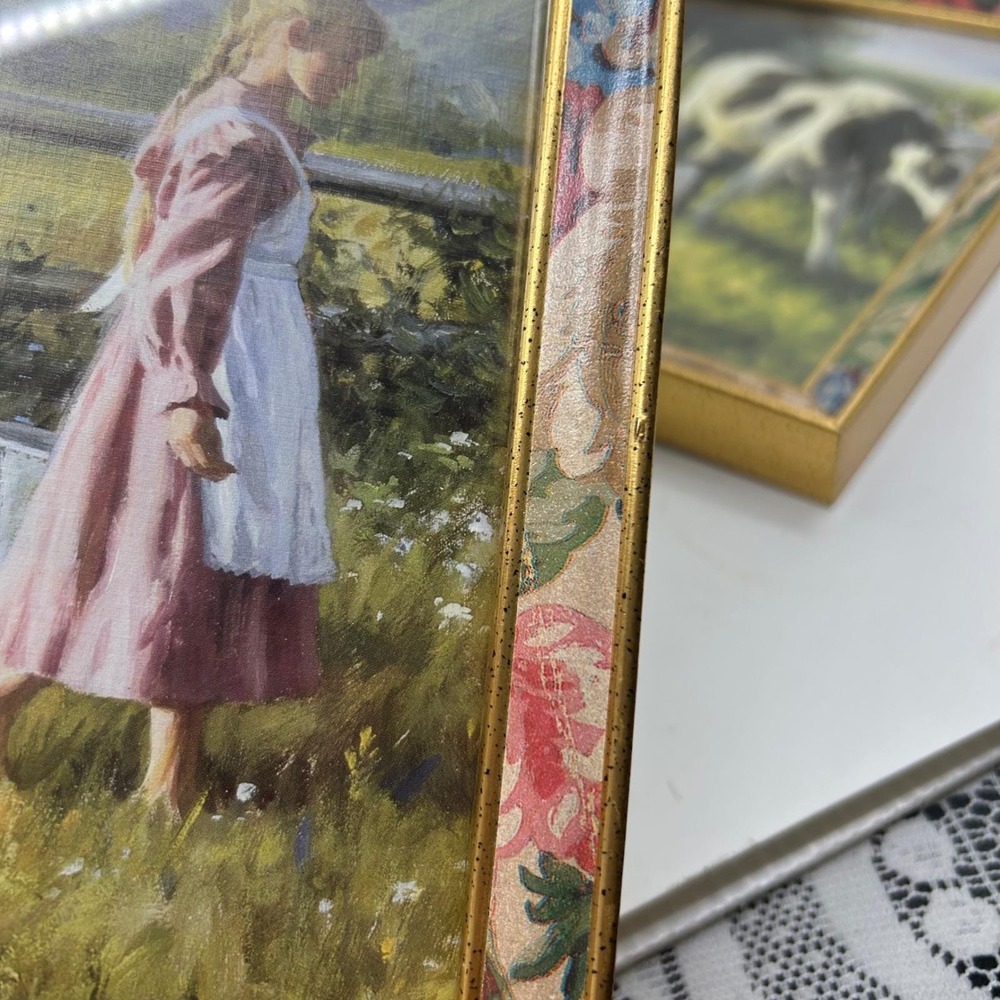 Vintage 80s Cow Farm Prairie Artwork Pair Floral Gold Framed Cottagecore Prints - Picture 14 of 14